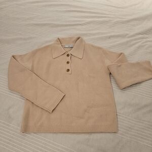 MANGO Beige Cable Knit Sweater, Polo-neck With Buttons